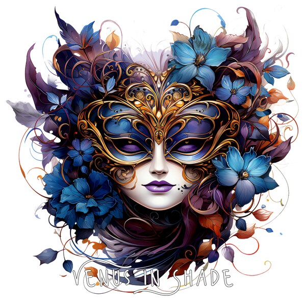Mardi Gras Mask | Elaborate Fantasy Masquerade Festival Costume | Formal Gown Blue Purple Gold Queen King Princess Clipart Sublimation PNG