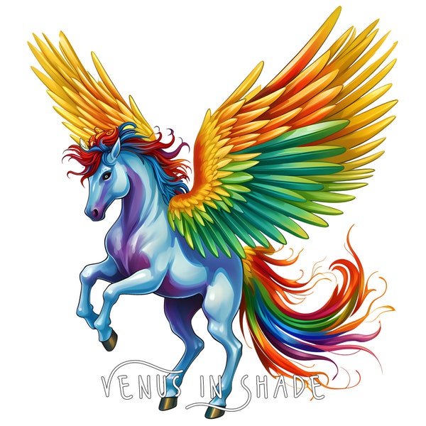 Rainbow Pegasus | Fantasy Unicorn Flying Horse - Fairytale Beast Fantasy Lovers - Woodland Forest Animal Whimsical Clipart Sublimation PNG