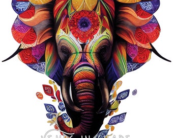 Colorful Patchwork Rainbow Elephant | Nursery Baby Digital Download PNG Animal Zoo African Wildlife Elephant Sticker Clipart Original Art