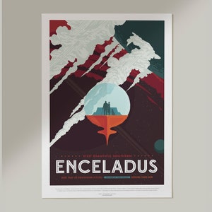 Saturnian Moon Enceladus, Space Wall Art by NASA, Museum Grade Astronomy Giclée Poster, Unframed