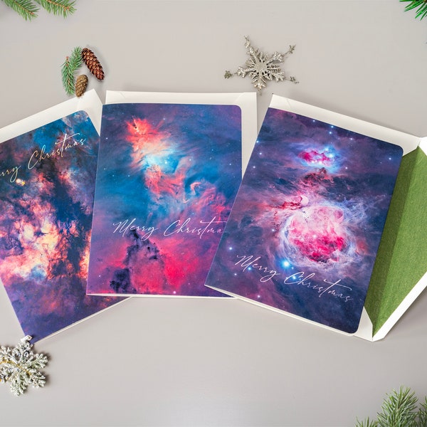 3 tarjetas de Navidad plegadas con sobres forrados de tejido marfil, cubiertas fotografiadas por un artista del Reino Unido, A5 plegadas