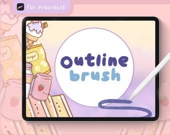 May include: A digital illustration of a tablet screen with a white circle and the text "Outline brush" in blue and purple. The background is a gradient of pink, yellow, and orange. There are various cartoon food items on the screen, including a strawberry, a jar of jam, a milk carton, and a bag of chips.