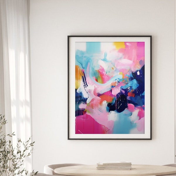 Pink and Blue Abstract Painting | DIGITAL DOWNLOAD | Pink and Navy Expressionism Printable Art | Modern Canvas Poster | Colorful Wall Art