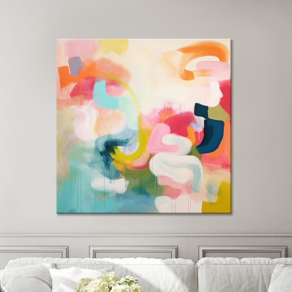 Peinture abstraite de couleurs pastel | Art mural orange pastel et turquoise | Impression sur toile carrée colorée | Impression Giclée Joyeuse