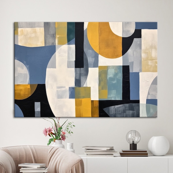 Geometric painting | Minimalistics Wall Art | Yellow and Gray Canvas Print | Beige and Black Artwork for Living Room | Horizontal Wall Art