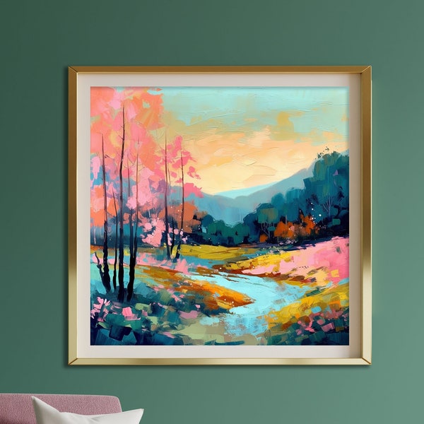Peinture de paysage paisible de fin d'été | Forêt et Rivière | Impression de paysage abstrait moderne, grande œuvre d'art carrée, décor de mur vert vif