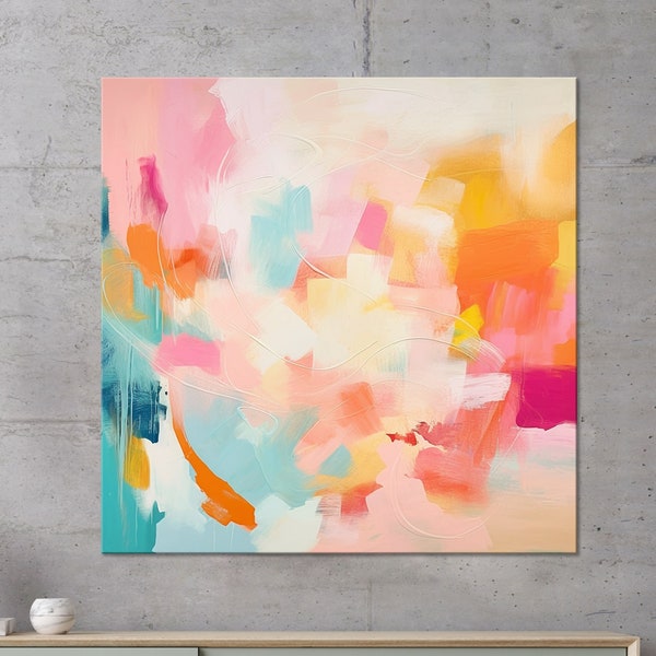 Peinture abstraite aux couleurs pastel | Peinture abstraite saumon rose et jaune | Impression sur toile moderne | Art mural giclée | Décor de salon |