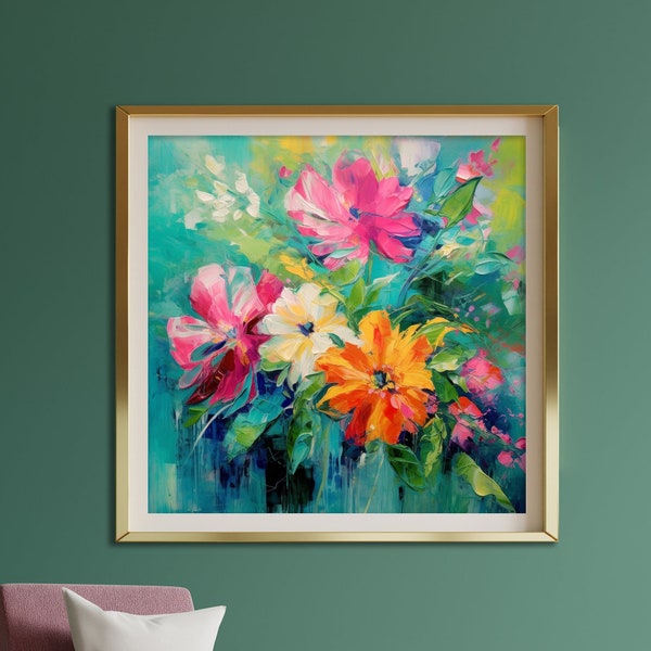 Colorful abstract flowers art print | bright modern wall art | Printable floral painting | Digital download office wall decor