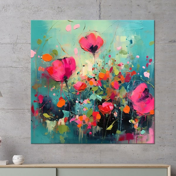 Abstract Flowers Painting | Pink Flower Meadow Canvas Print | Floral Wall Art | Turquoise and Pink Living Room Wall Decor | Modern Artwork