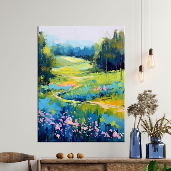 Peaceful Summer Landscape Painting | Green Meadow and River |Spring Green Colors Canvas Wall Decor | Giclee Print on Paper