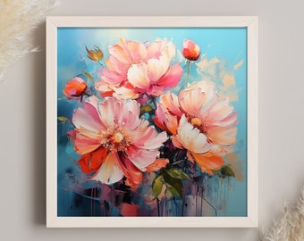 Pink Peony Flowers Painting | | Pink Flowers Bouquet on Blue Background | Canvas Print | Floral Wall Art | Modern Living Room Wall Decor |