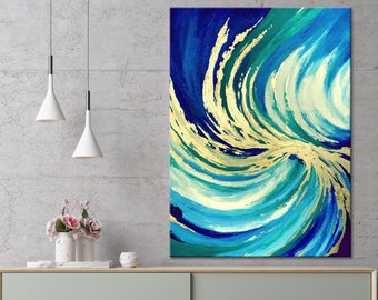 Navy, Turquoise and Gold Abstract Painting | Modern Painting with Gold Leaf | Original Wall Art on Canvas | Ocean Wave Art | Seascape