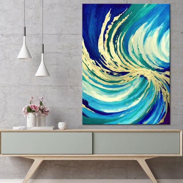 Navy, Turquoise and Gold Abstract Painting | Modern Painting with Gold Leaf | Original Wall Art on Canvas | Ocean Wave Art | Seascape