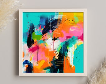 Very Bright and Colorful Abstract Painting | Turquoise and Orange Canvas Print | Digital Download Printable Art
