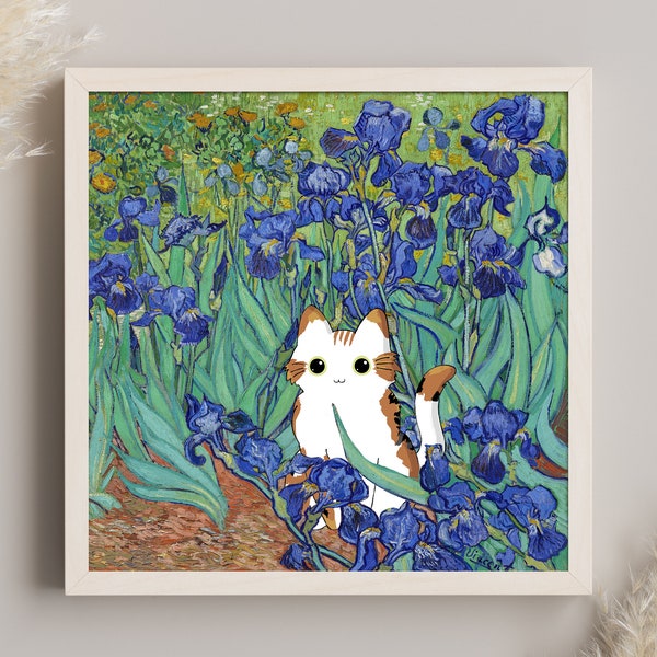 Funny Tricolor Cat Print: Van Gogh Irises | Floral Wall Art - Home Decor Poster, Perfect Gift for Pet Lovers, Digital Download Printable Art