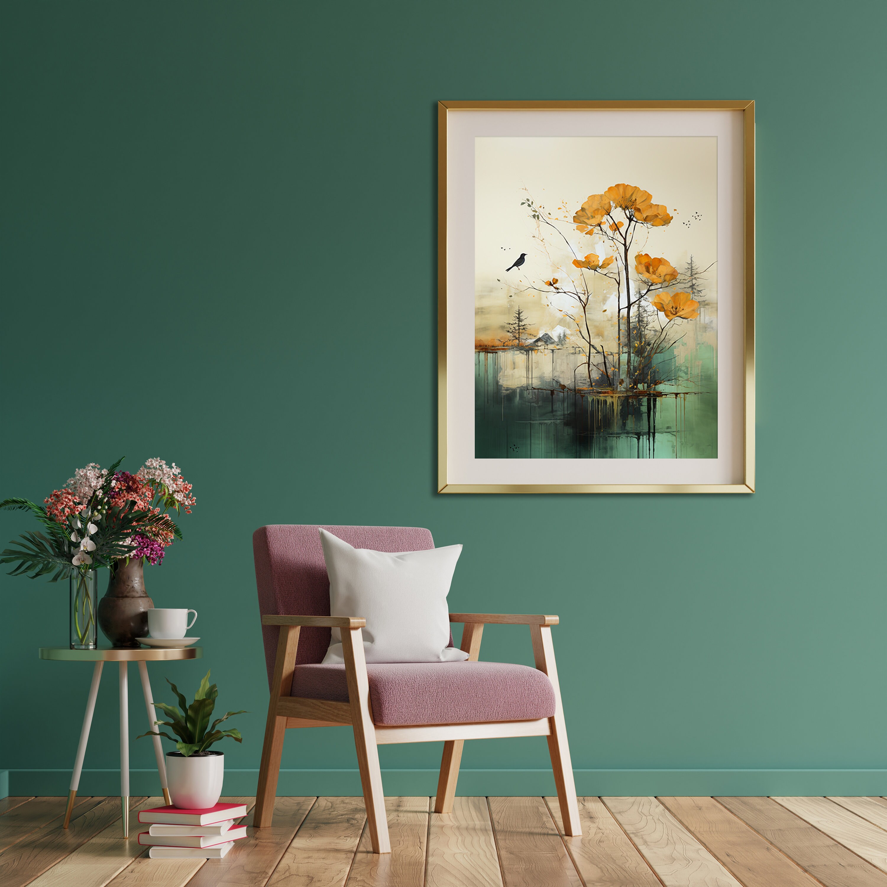 Dark Green and Orange and Beige Minimalistic Boho Wall Art DIGITAL