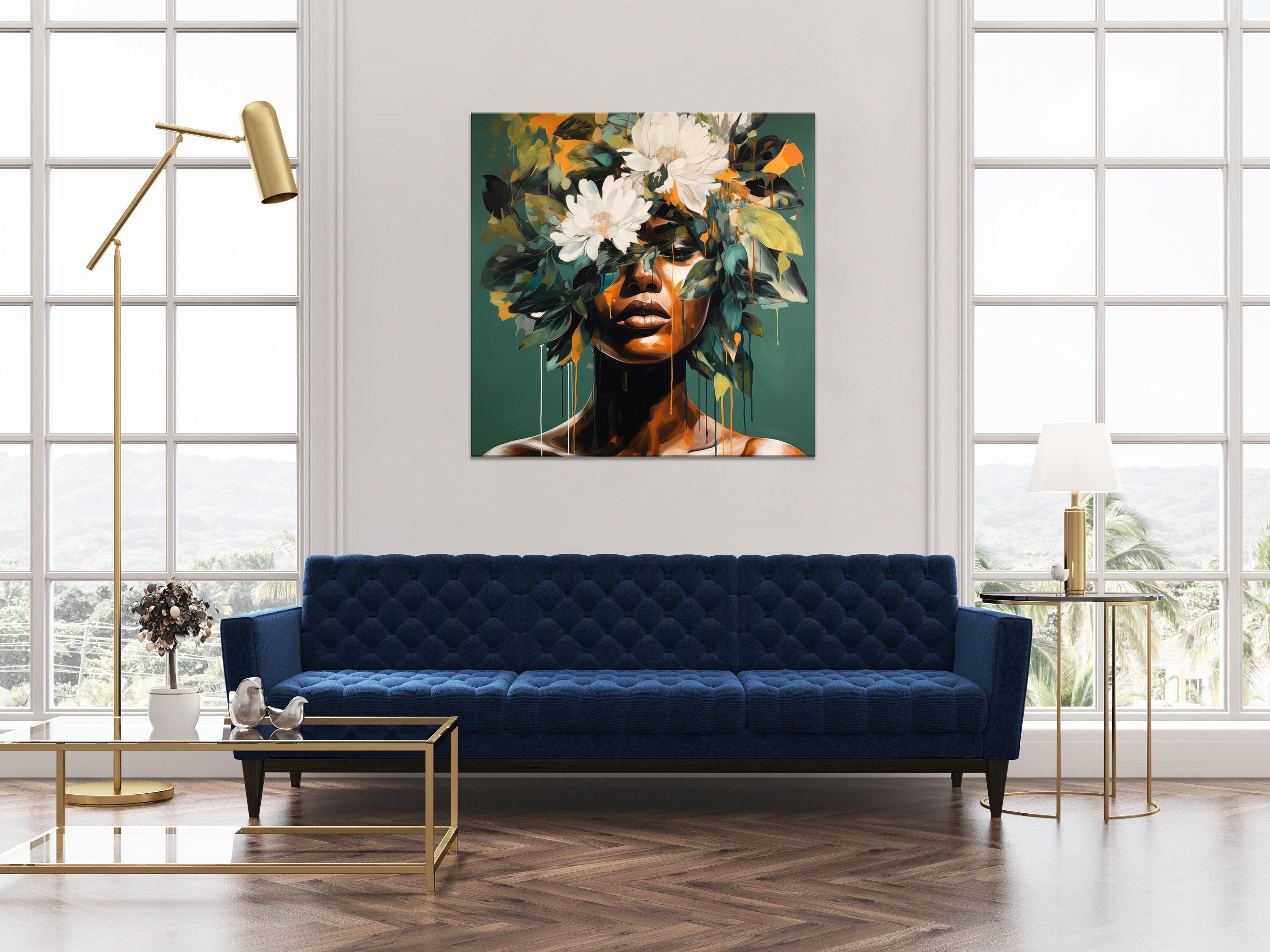 Black Woman Art | Green Abstract Painting | Woman With Flowers ...