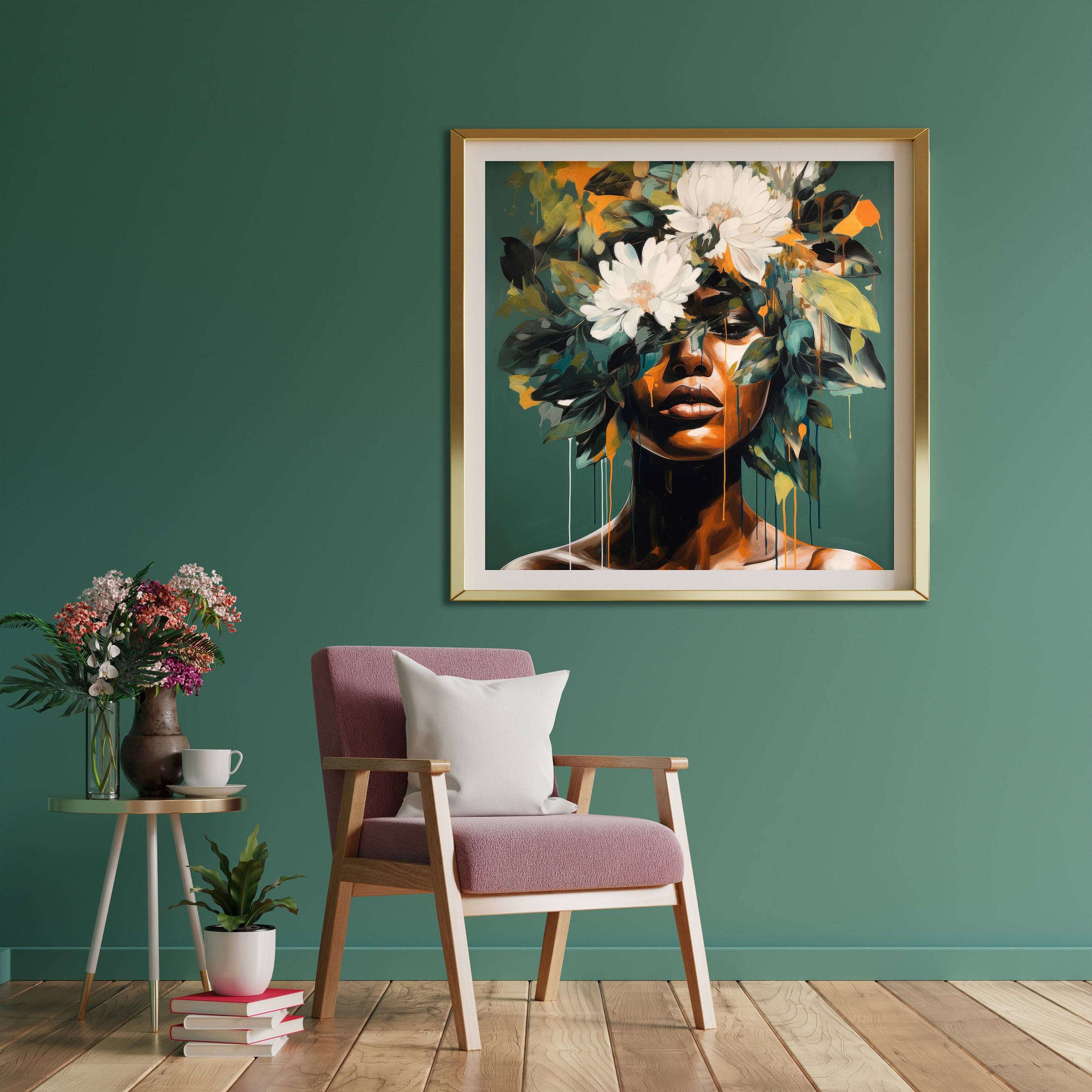 Black Woman Art | Green Abstract Painting | Woman With Flowers ...