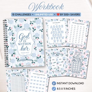 May include: A spiral-bound savings challenge workbook featuring a light blue and white striped floral cover with the text God is within her Psalm 46:5. The set includes multiple internal pages with savings trackers, measuring 8.5 by 11 inches.