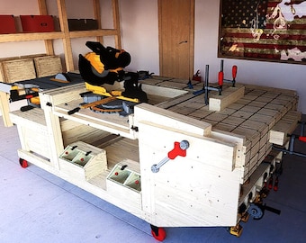 DIY Workbench Plans: Flip-Top Miter Saw, Vise, Tool Organizer (3D PDF)