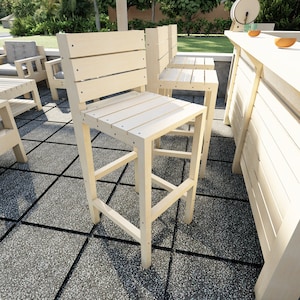 May include: A set of four wooden bar stools with a natural finish. The stools have a slatted back and seat, and are designed for outdoor use.