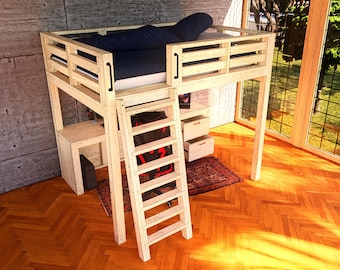 Queen Size Loft Bed with Desk – Heavy Duty Woodworking Plan (3D Interactive Model)