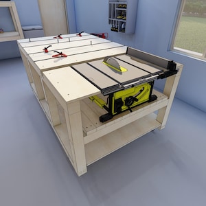DIY作業台プラン、移動式作業台プラン、ガレージ作業台プラン、DIY木工プラン、テーブルソー作業台プラン、ワークショッププラン