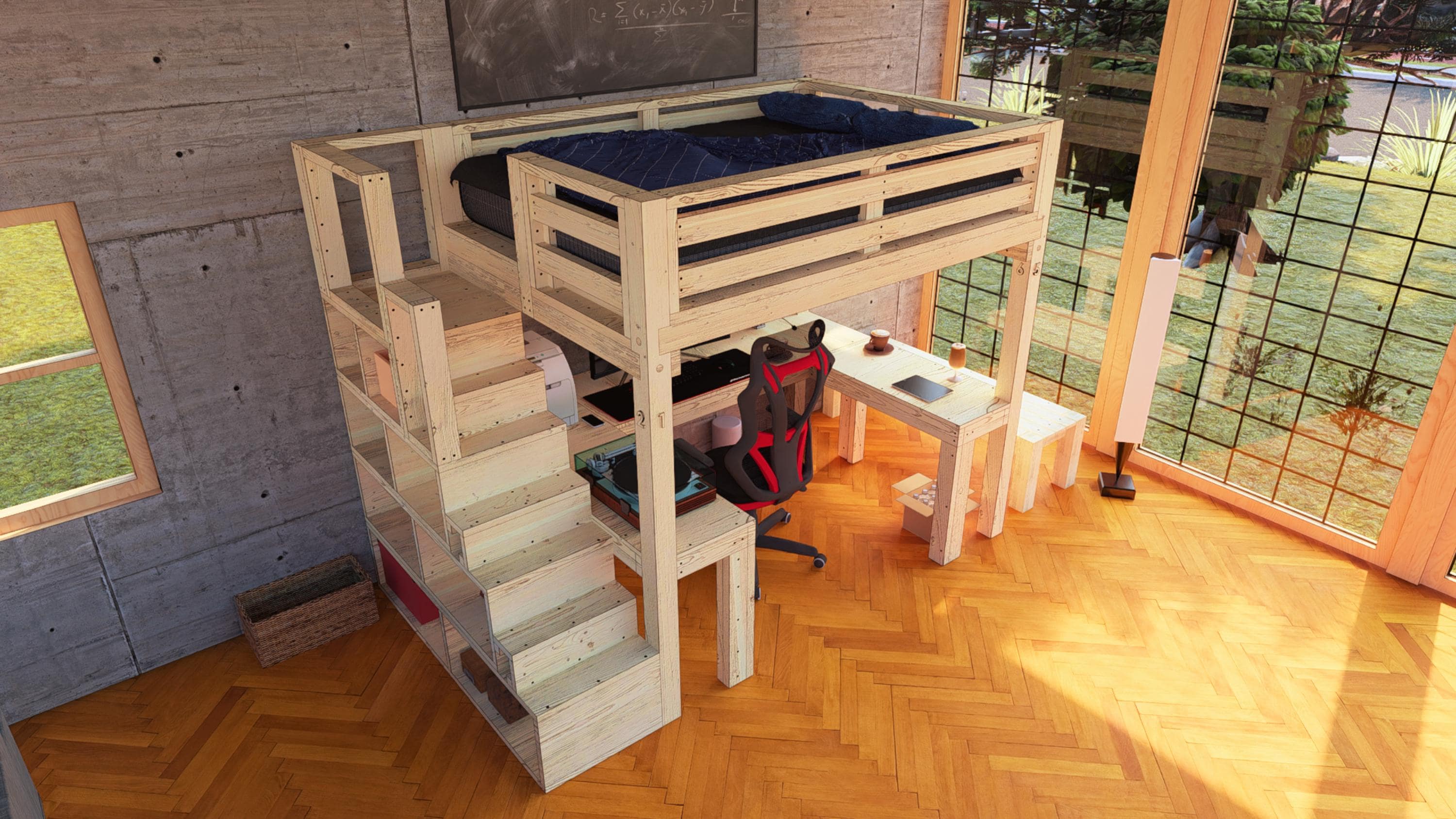 Full-size DIY Loft Bed Plan With Desk & Shelf Stairs (3D PDF Document ...
