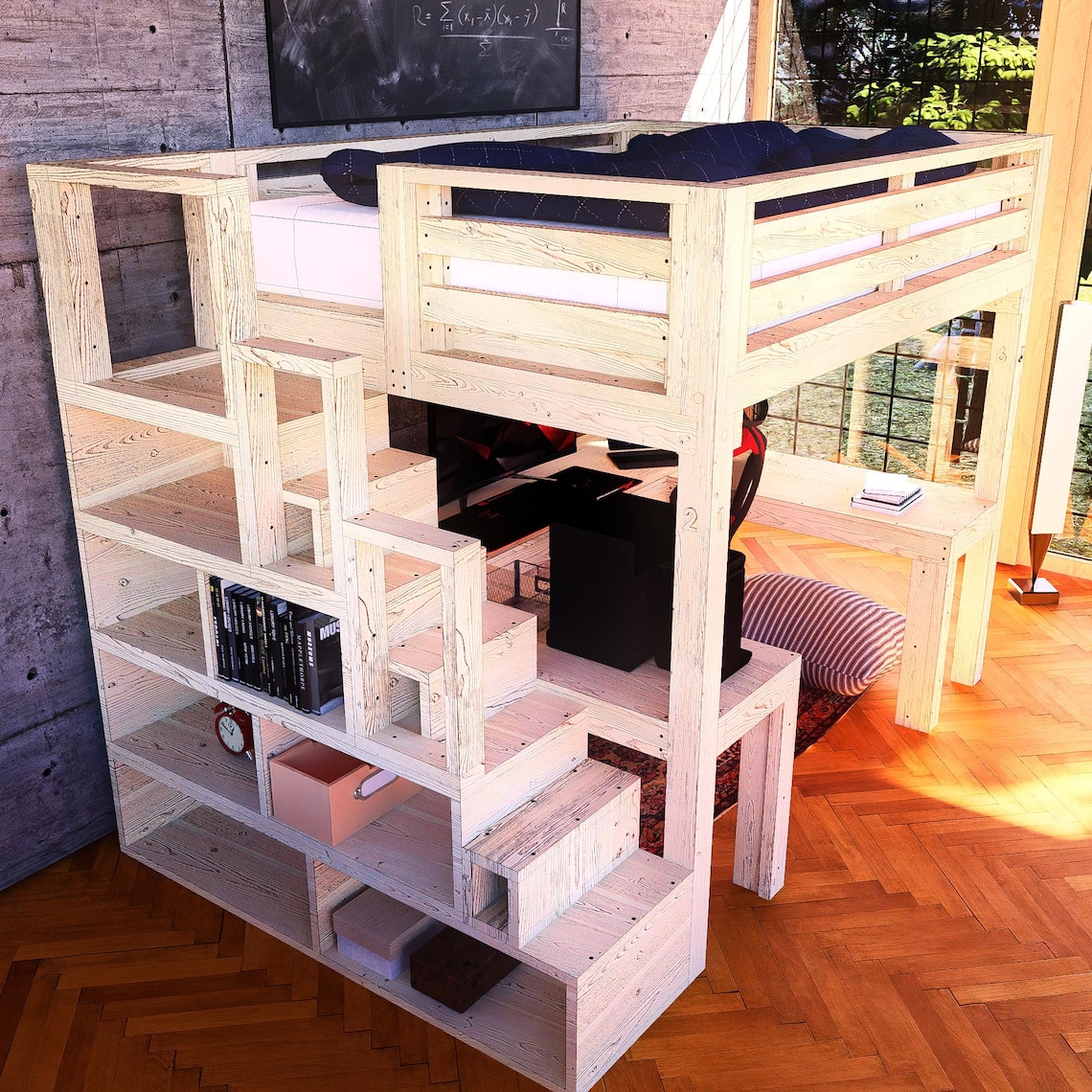 Queen Size Loft Bed DIY Plan With Desk & Shelf Stairs (3D PDF Download ...