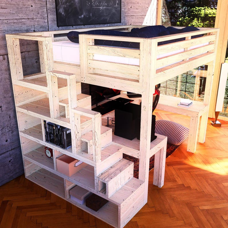 Queen Size Loft Bed DIY Plan With Desk & Shelf Stairs (3D PDF Download ...