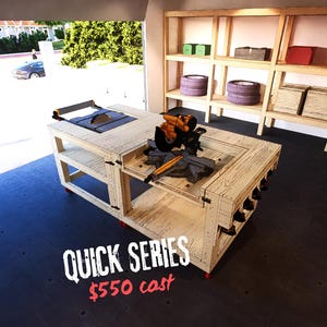 Plano de banco de trabajo modular: estación de sierra de mesa y sierra ingletadora abatible