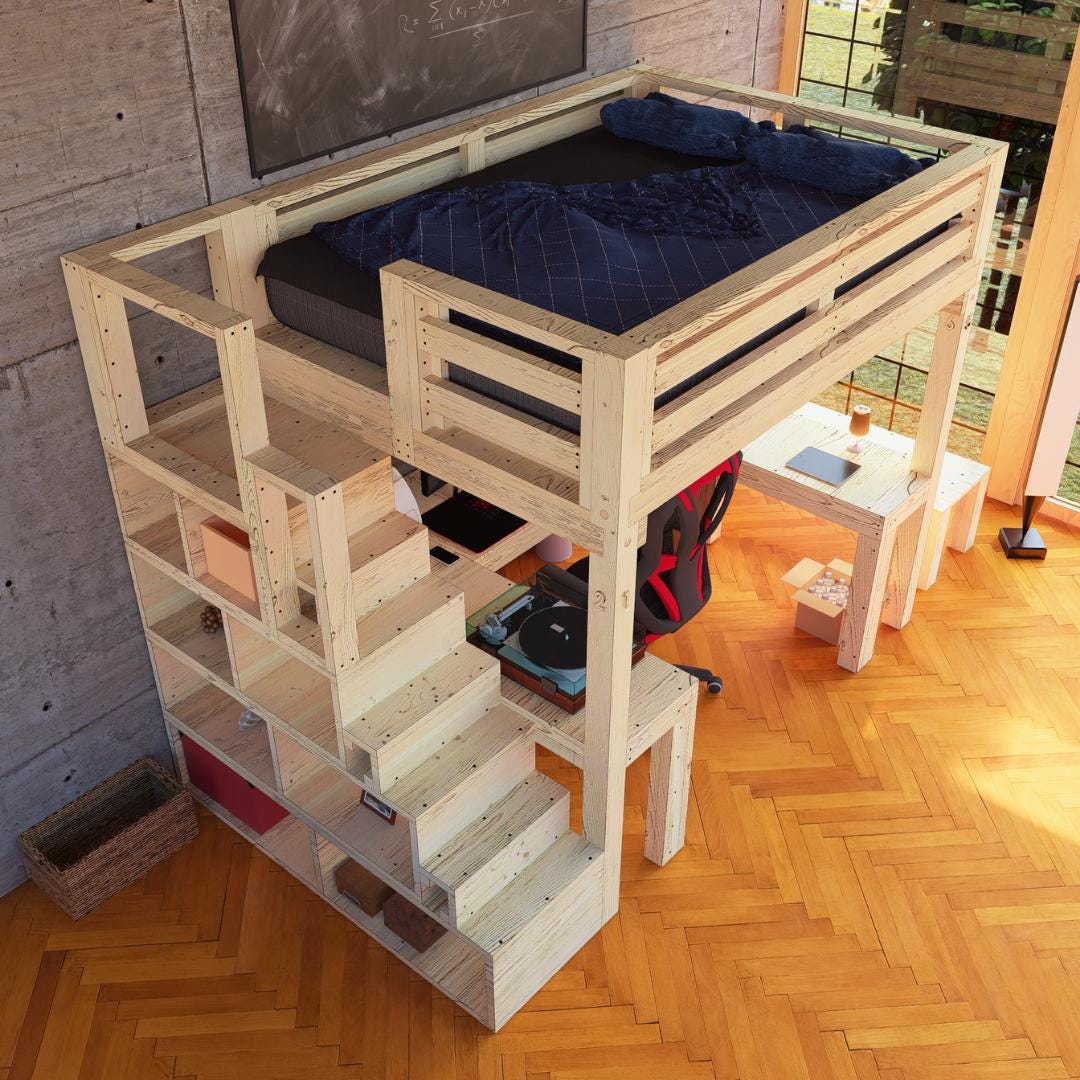 Full-size DIY Loft Bed Plan With Desk & Shelf Stairs (3D PDF Document ...