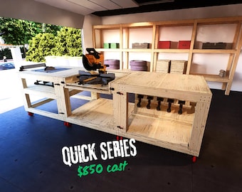 Modular workbench plan with flip-top miter saw bench and tool hanger (3D PDF Document)