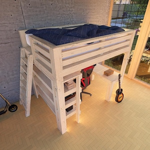 Queen-size DIY Hochbett Plan mit Treppe, Schreibtisch & Bücherecke (PDF download)