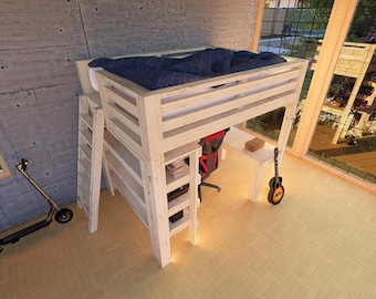 Queen-size diy loft bed plan with stairs, desk & bookself (PDF download)