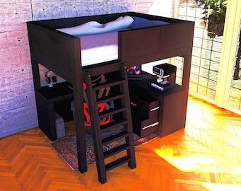 Plano de cama alta de tamaño completo con escritorio y cajones