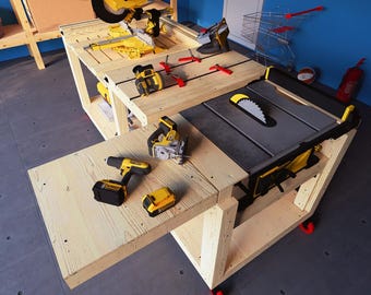 Workbench plan with folding side supports, step-by-step assembly instructions and 3D PDF document download