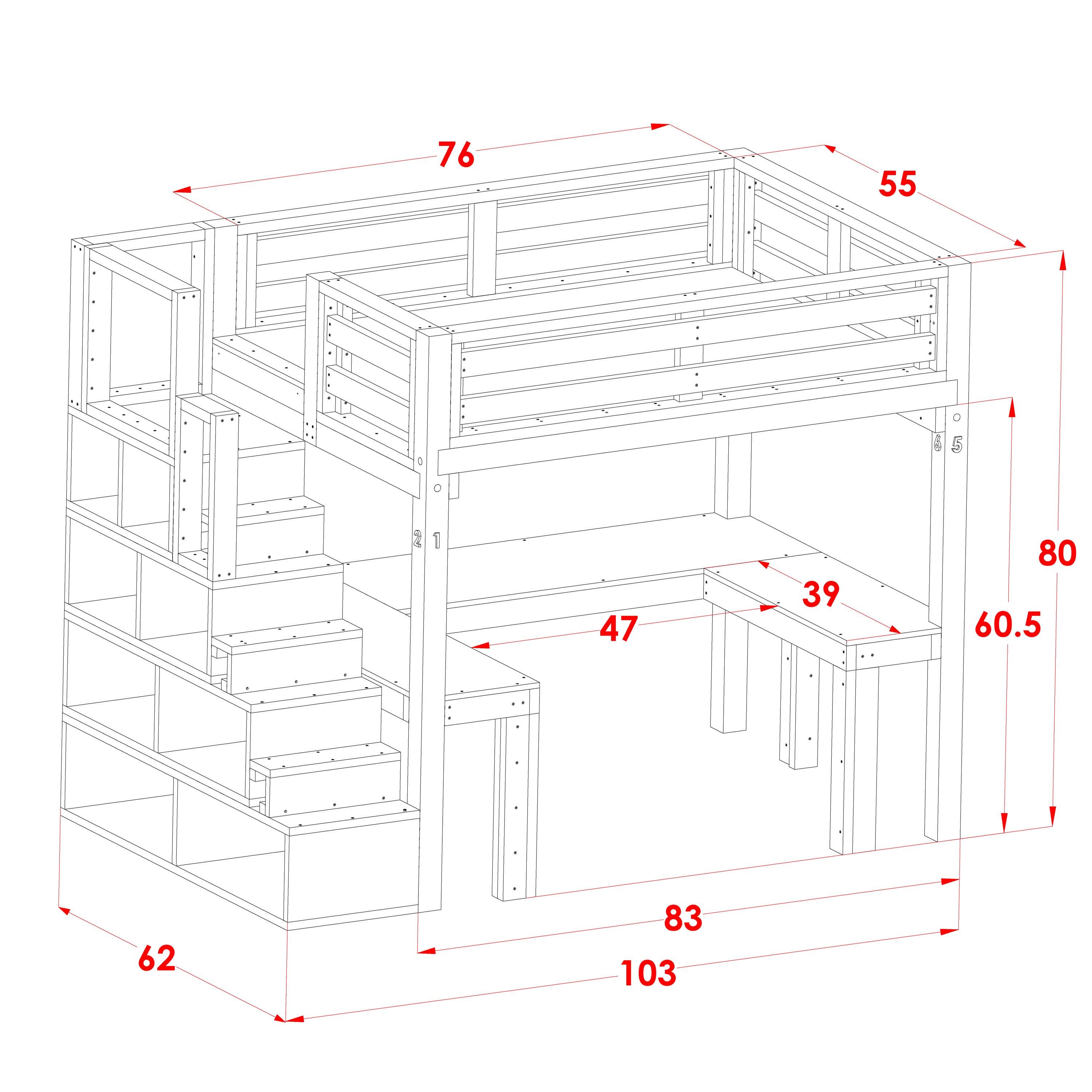 Full-size DIY Loft Bed Plan With Desk & Shelf Stairs (3D PDF Document ...