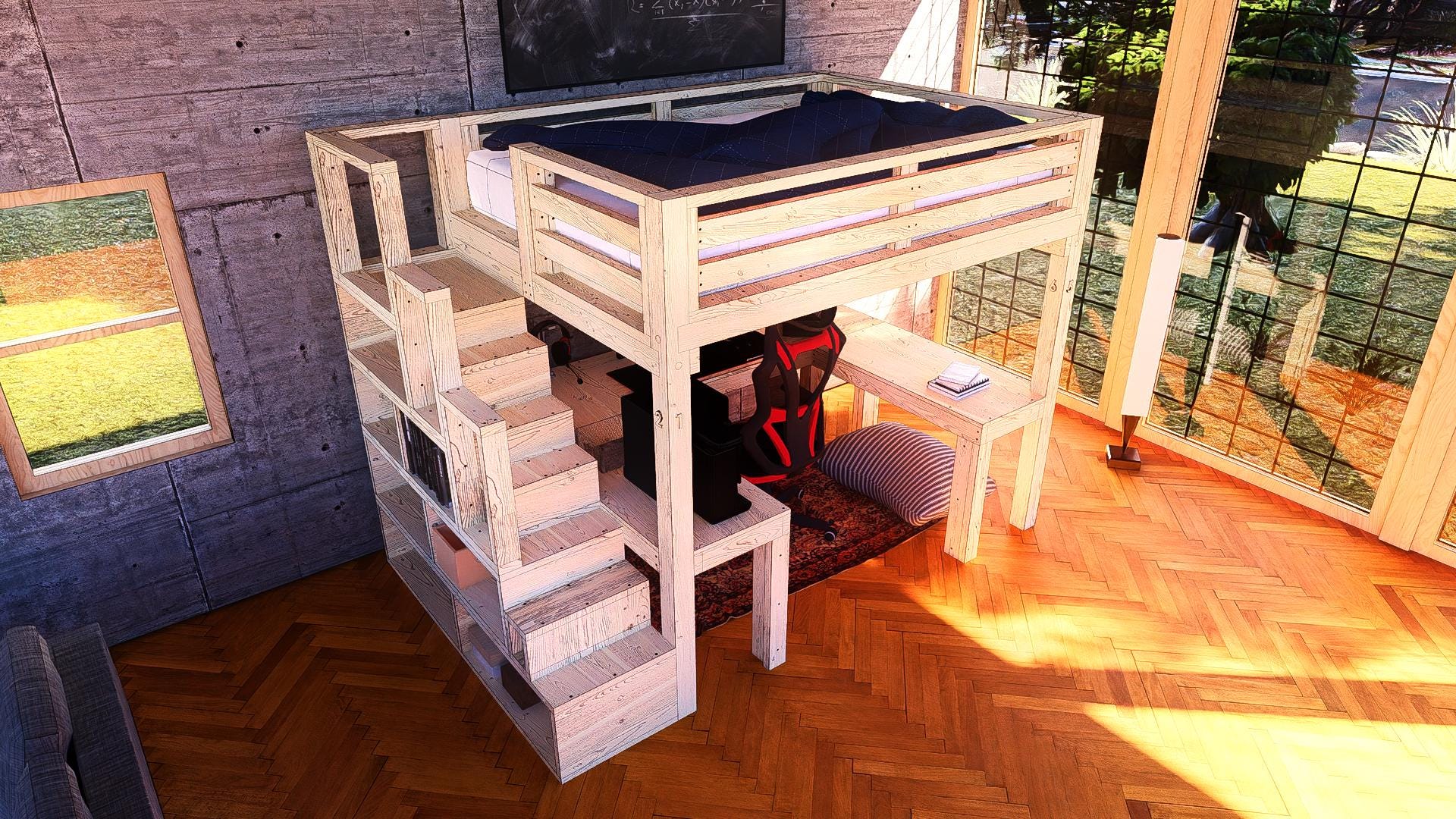 Queen-size diy loft bed plan with 60.5'' underneath height, shelf-type stairs and desk plans