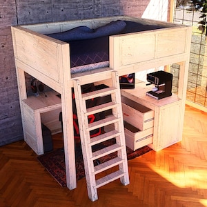 Plano de cama alta de tamaño completo con escritorio y cajones