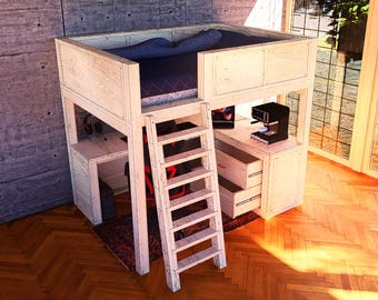 Plano de cama alta de tamaño completo con escritorio y cajones