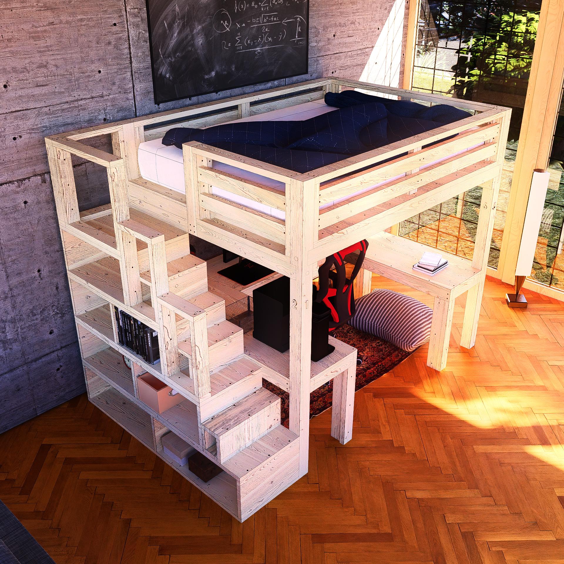 Queen Size Loft Bed DIY Plan With Desk & Shelf Stairs (3D PDF Download ...