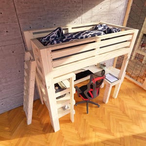Twin-size diy loft bed plan with stairs, bookshelf and desks (PDF download)