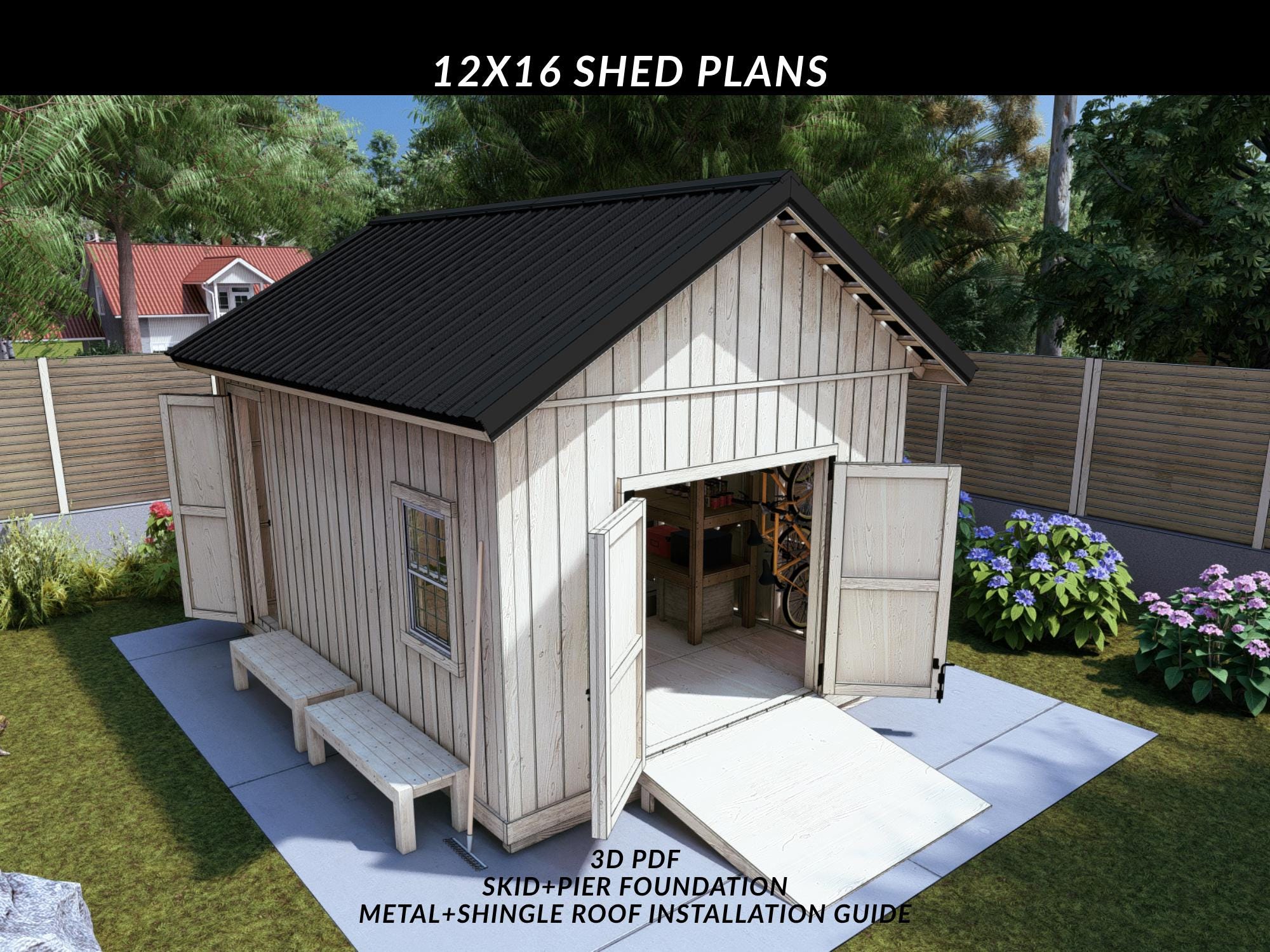 Shed Plans: 12x16 Storage Workshop, Skid+pier Foundation, Metal/shingle