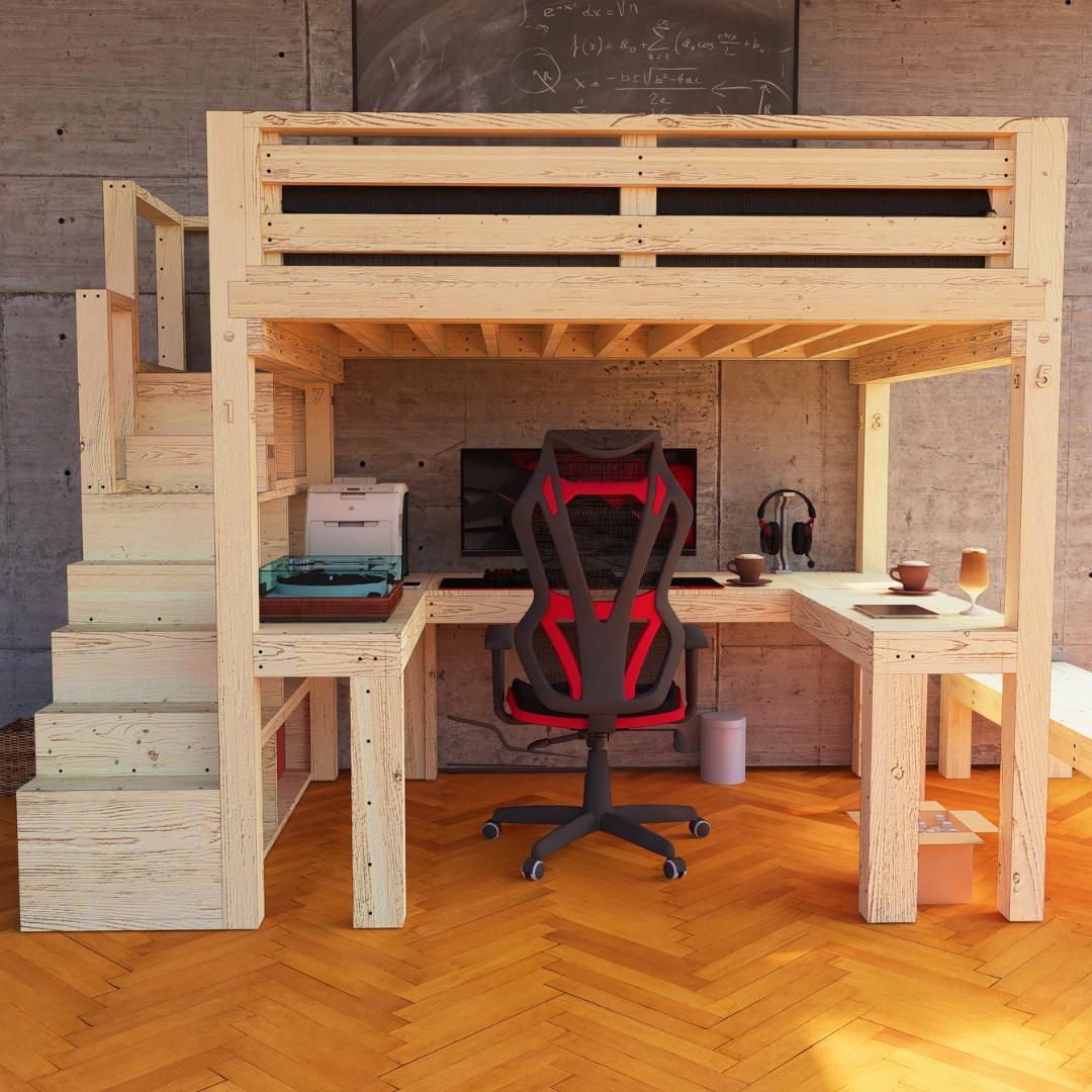 Full-size DIY Loft Bed Plan With Desk & Shelf Stairs (3D PDF Document ...