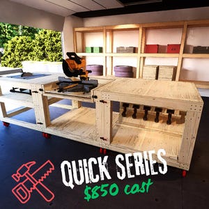 Modular workbench plan with flip-top miter saw bench and tool hanger (3D PDF Document)