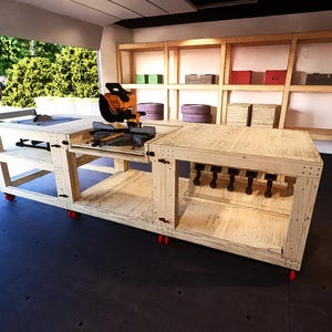 Modular workbench plan with flip-top miter saw bench and tool hanger (3D PDF Document)