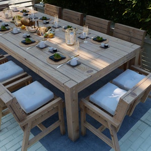 DIY outdoor large dining table and patio chair set plan, 3D PDF document and assembly instructions pdf download, Farmhouse table plan