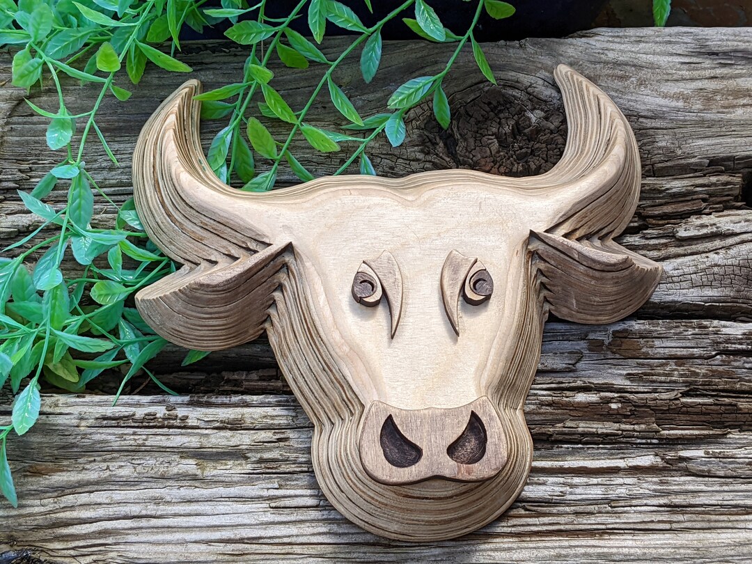 Bull Cow Head on Wall Wooden Sculpture, Layered Plywood, One of a Kind, Mounted Animal Head on