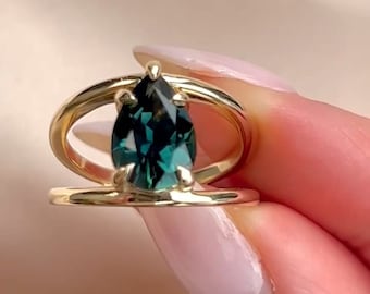 3 CT Teal Green Pear Cut Sapphire Diamond Ring, Dual Band Ring, 10K 14K 18K Solid White, Yellow or Rose Gold Ring For Anniversary Gift Ring